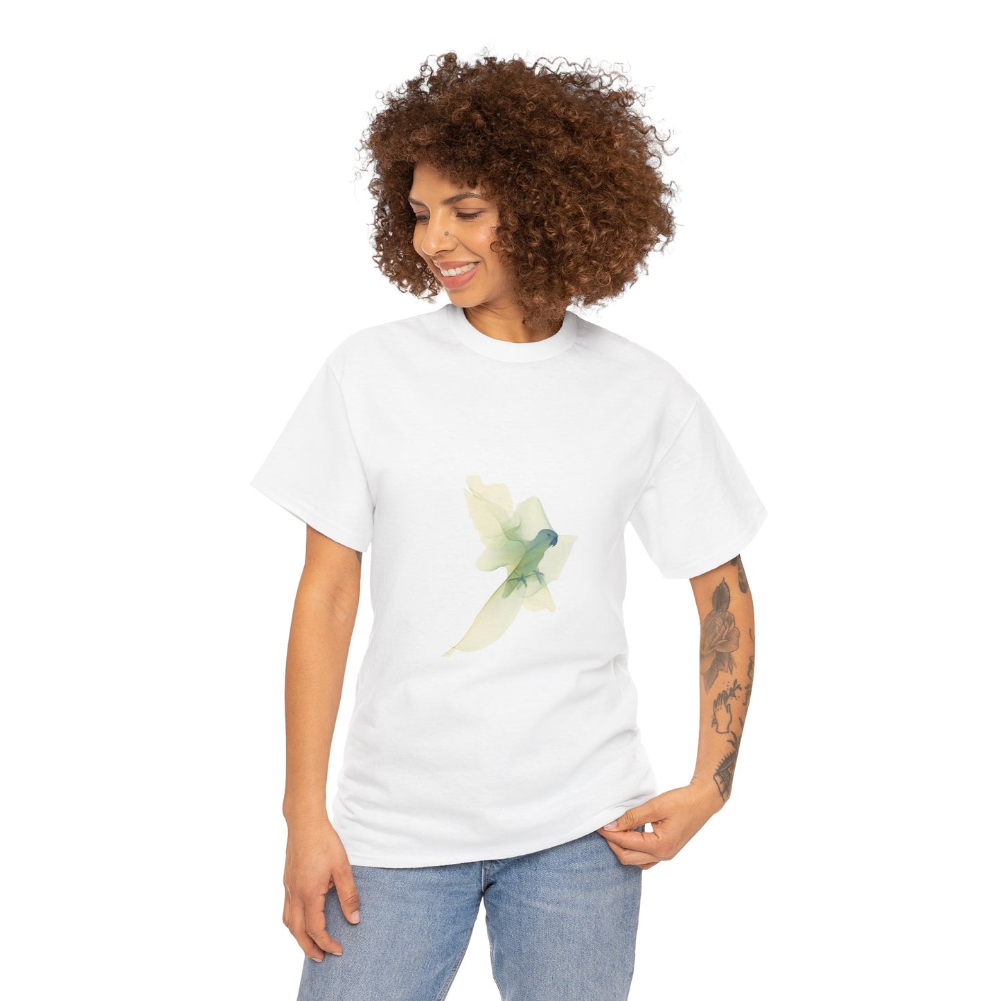 White Tee with Watercolor Conure Parrot – Minimal Nature Graphic Shirt